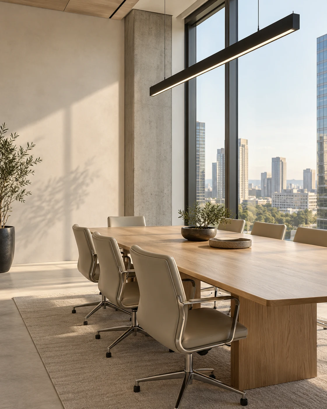 A sunlit contemporary office with linear architectural lighting